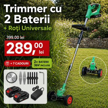 Trimmer German WerkBull 36V 8Ah cu 2 Baterii + 7 Cadouri + Roți Universale pentru Trimmer 