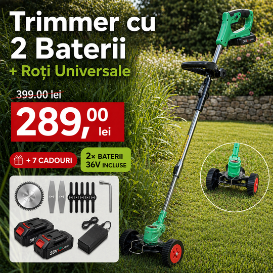 Trimmer German WerkBull 36V 8Ah cu 2 Baterii + 7 Cadouri + Roți Universale pentru Trimmer 