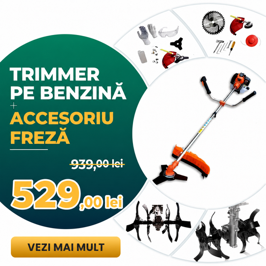 Set Profesional WerkBull Germany – Trimmer benzină 74cc / 4,5CP + Freză pentru pământ + 10 accesorii CADOU