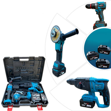 Set of blue power tools including a drill, saw, and batteries in a carrying case on a white background.