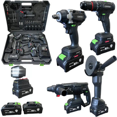 Set acumulator 5-în-1 STAHLMAYER – cheie de impact, mașină de înșurubat, polizor unghiular, rotopercutor și lampă LED | 36V / 10.0Ah