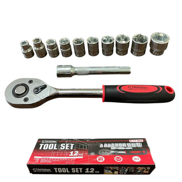 Set cu clichet, tubulare și prelungitor 1/2″ – 12 piese, STAHLMAYER