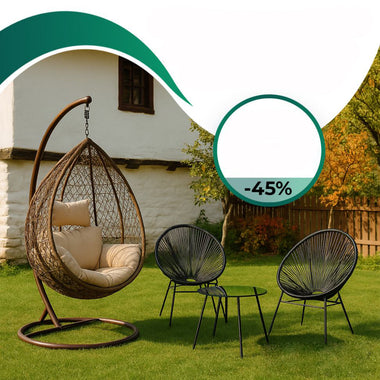 Set de grădină – Scaun suspendat din ratan (până la 200 kg) + Masă și 2 scaune Savana