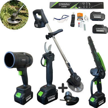 Set profesional de grădină 4în1 STAHLMAYER 36V – Foarfecă + Fierăstrău + Trimmer + Suflantă Turbo