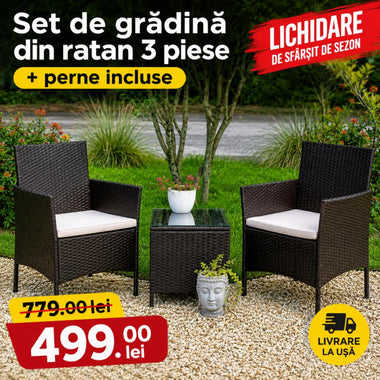 Set de grădină din ratan 3 piese – negru sau maro + perne incluse