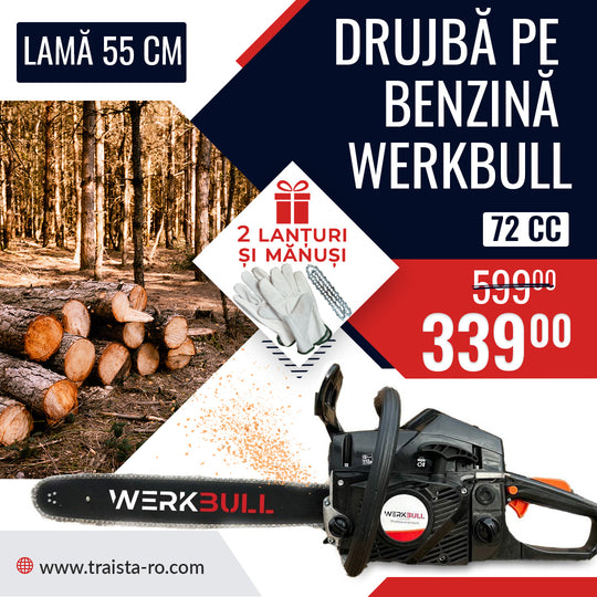 Advertisement for Werkbull chainsaw with promotional text and images of a forest and tools.