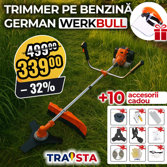 Motocoasă pe benzină germană WerkBull 74cc – 4.5CP + 11 CADOURI